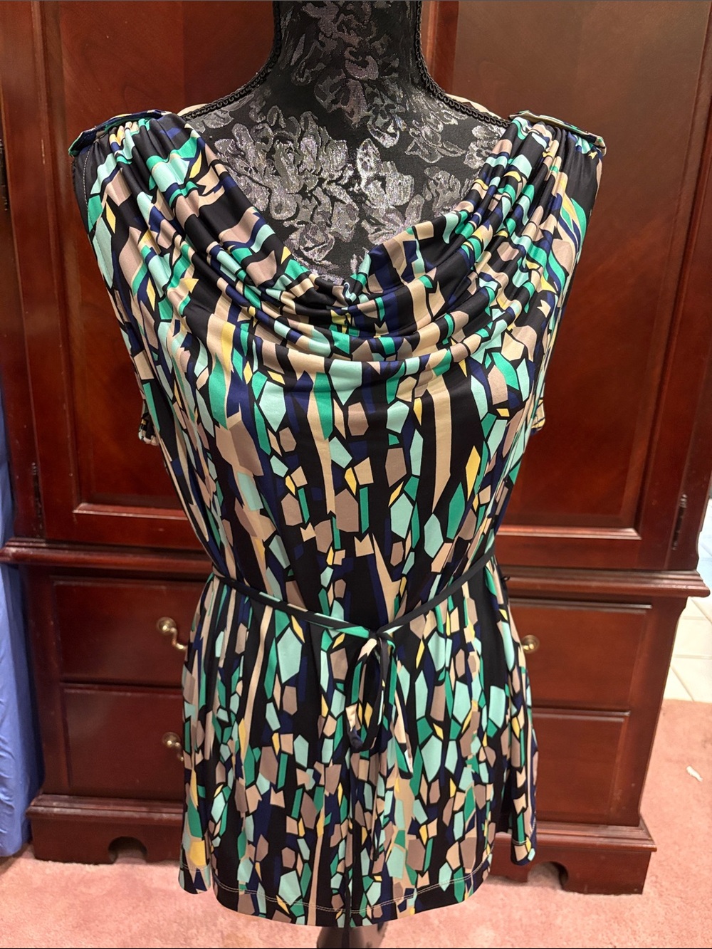 Apostrophe Cowl-Neck Printed Blouse in Black, Teal and Cream
